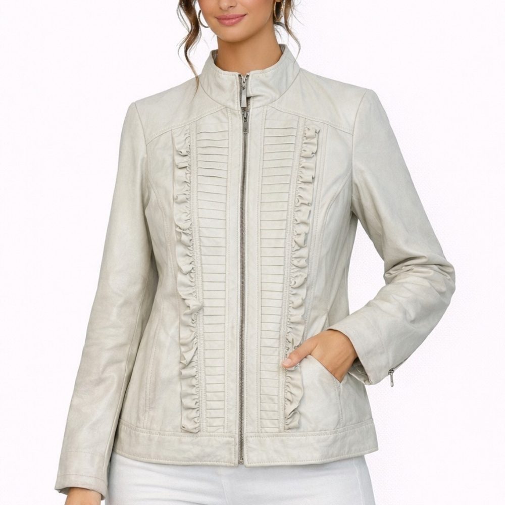 Pamela McCoy Womens Genuine Leather Jacket White Ruffle Accent Moto Style Size S